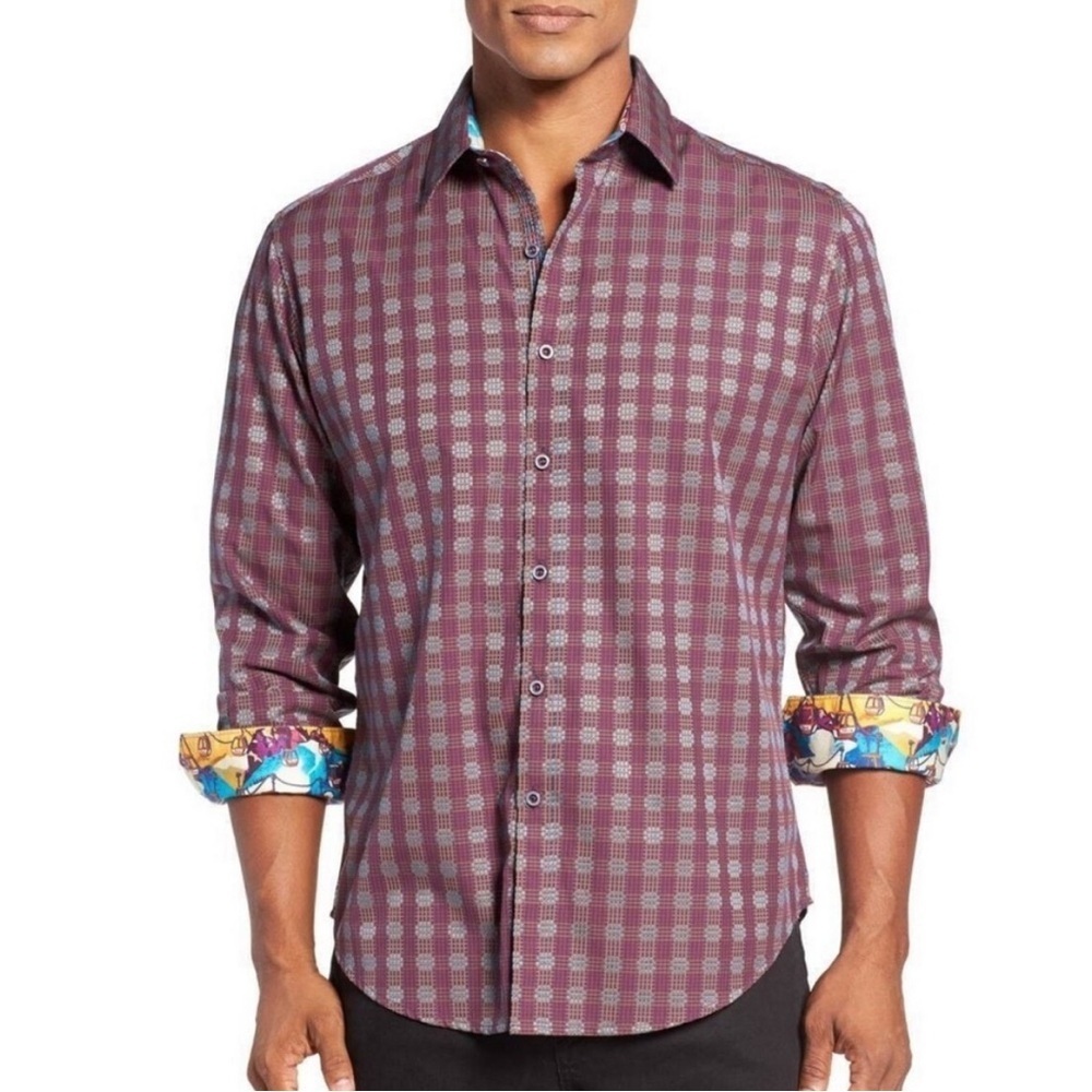 Robert Graham SKI GONDOLA Novelty Cuff Sport Shirt Men's SMALL Burgundy Check